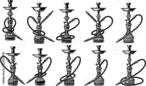 Traditional hookah shisha set illustration, ornate Middle Eastern water pipe designs, detailed smoking device vector collection for lounge, cafe, cultural artwork projects
