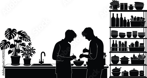 Two people cooking together in kitchen silhouette, home cooking scene, cookware shelves, indoor plants, domestic culinary activity vector illustration for design