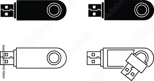 USB flash drive icon set, storage device illustrations, data transfer symbols, digital memory stick vectors for technology, computing, backup, security, and hardware designs