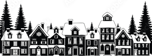 Winter village houses silhouette scene, snowy rooftops and pine trees, festive holiday town illustration for Christmas, winter landscape, seasonal decoration designs