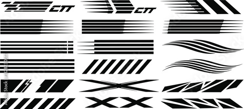 Abstract racing stripe designs, speed line decals, vehicle graphics, dynamic motion elements, black silhouette sport style vector for car and motorcycle customization