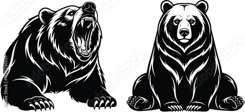 Aggressive roaring bear and calm sitting bear illustration set, detailed wild animal artwork, fierce predator design for mascot, logo, branding projects