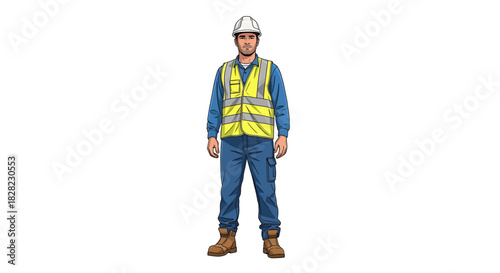 A detailed illustration of a male construction worker standing in full personal protective equipment, representing workplace safety and the industrial labor force