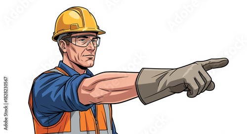 Safety-conscious construction worker wearing protective gear and a hard hat, pointing forward to direct or instruct in a workplace setting, on a white background