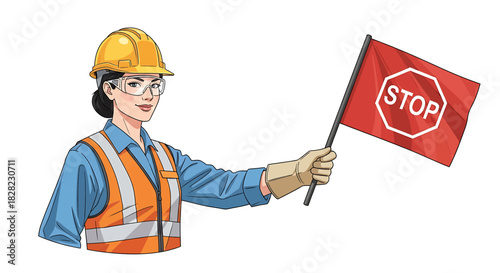 Construction Worker Signaling Traffic with Stop Flag for Safety and Road Work Regulations