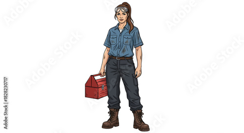 Illustration of a strong, capable woman in work clothes holding a toolbox, representing skilled labor and female empowerment in trades