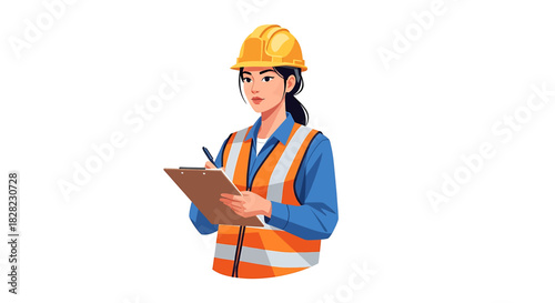 A focused female engineer in a hard hat and safety vest, diligently writing on a clipboard during a site inspection