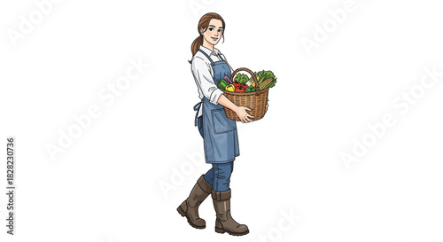 Farmer Carrying a Basket of Fresh Vegetables in an Apron A Healthy Lifestyle Concept