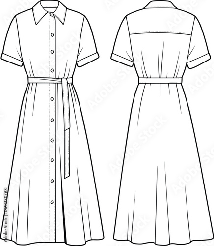 Shirt dress technical fashion flat, button down midi dress design, short sleeve belted dress front and back view, CAD drawing flat vector illustration