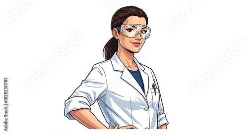 Confident female scientist character illustration in lab coat and safety goggles, embodying professional expertise and dedication to research and innovation with a welcoming smile