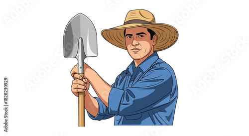 Portrait of a hardworking man in a straw hat holding a shovel, ready for garden work or agricultural tasks, symbolizing dedication to manual labor and cultivation