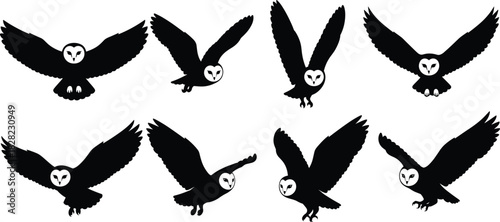 Silhouette barn owl flying poses set in minimalist black vector style, collection of nocturnal bird shapes for wildlife design, tattoo art, and graphic illustration