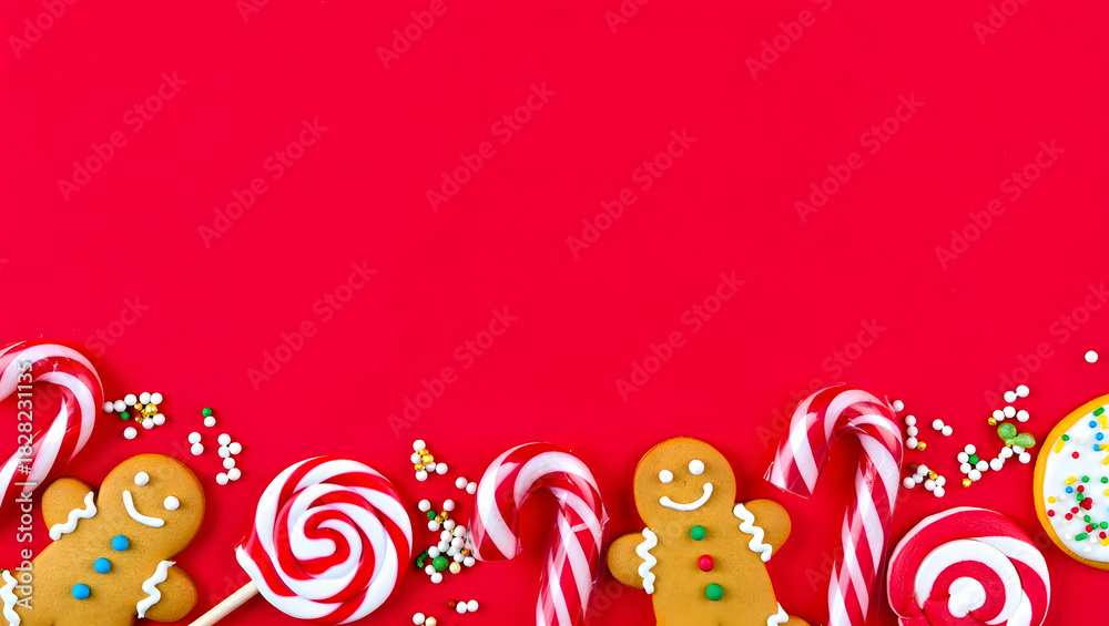 Obraz premium Festive Sweet Treats: A vibrant array of candy canes and gingerbread men, arranged against a bold red backdrop, capture the essence of holiday cheer.