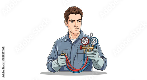 Professional HVAC technician in uniform holding a manifold gauge set for air conditioning system diagnostics and repair
