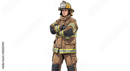 Professional firefighter in full protective gear, arms crossed, standing proudly against a white background, ready for action