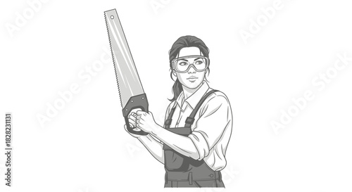 Black and white illustration of a determined woman with a saw, representing skilled labor and female empowerment in trades