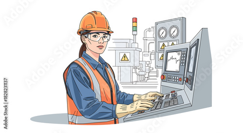 Female Engineer Operating Machinery with Safety Gear in an Industrial Setting, Monitoring Data