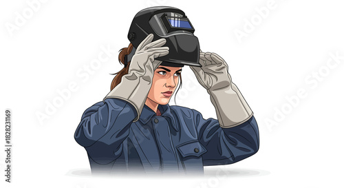 A strong female artisan in heavy-duty gloves and a jumpsuit gets ready for metalwork by securing her welding mask
