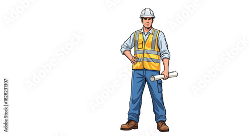 Professional male construction worker in safety gear holding blueprints, representing engineering, building, and industrial expertise