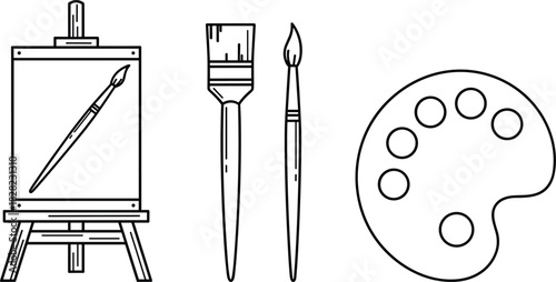 Art tools illustration with easel, paintbrushes and artist palette, creative drawing equipment outline design for art classes and creative projects