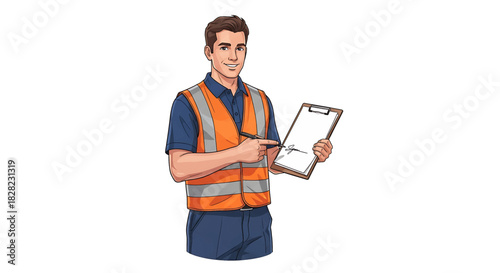 Male construction worker in safety vest holding a clipboard and pen, signing a document with a smile
