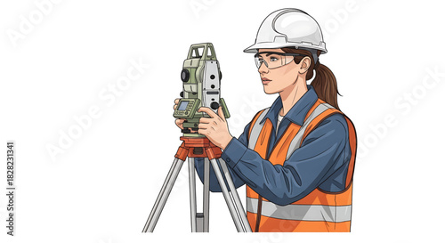Female Surveyor Using Theodolite for Construction Work