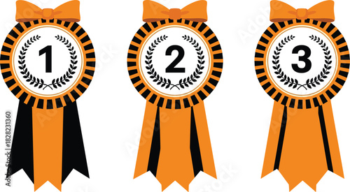 Award ribbon set with first, second, and third place badges featuring laurel wreaths, competition prizes, achievement medals, and victory celebration symbols.