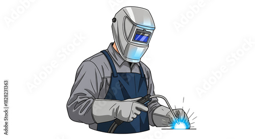 Experienced industrial worker performing precision metal fabrication with an arc welder, wearing essential protective gear including a welding helmet and gloves for safety
