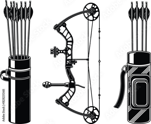 Archery equipment illustration featuring compound bow, arrows and quivers in detailed black outline design for sports, hunting and target shooting themes