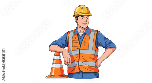 Construction worker in safety vest and hard hat standing next to traffic cone