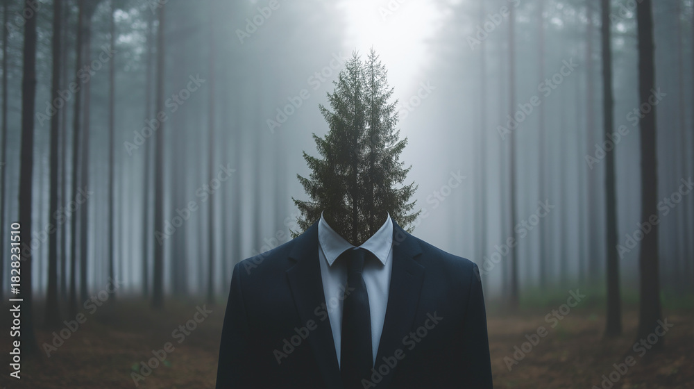 Naklejka premium Surreal concept of man in suit with tree as head in misty forest environment