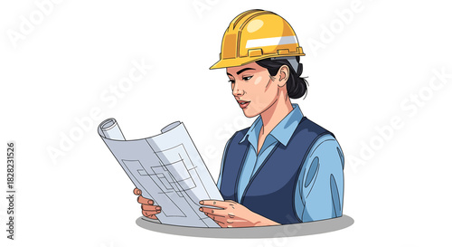 Illustrated portrait of a woman architect or construction supervisor reviewing technical drawings and plans for a building site