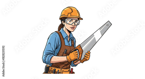 Skilled female construction worker holding a handsaw, wearing safety gear, illustration