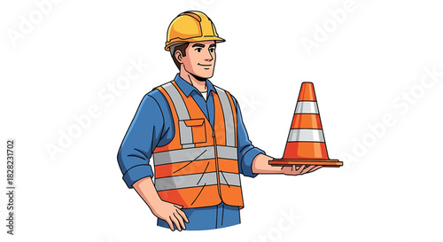 Construction worker holding a traffic cone, safety and work concept illustration