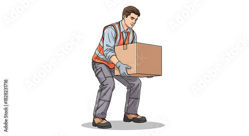 Man lifting a heavy box safely with proper posture, wearing protective gloves and a safety vest