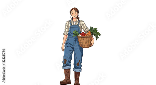 Smiling female farmer character in overalls holding a wicker basket full of fresh, organic vegetables from the local harvest