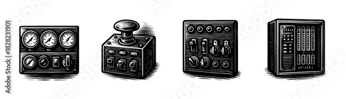 Industrial control panels vintage engraving icons set, gauges switches cabinets