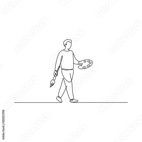 Artist walking with paintbrush and palette