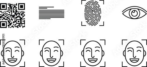 Biometric security icons including QR code, fingerprint scan, eye recognition and face detection symbols for authentication, identification and digital technology