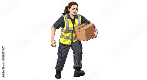Illustration of a female logistics worker in a safety vest carrying a cardboard box, representing the shipping and delivery industry service