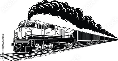 Black and white illustration of freight train locomotive with cargo wagons, heavy smoke, railway tracks and transportation concept in detailed vector style
