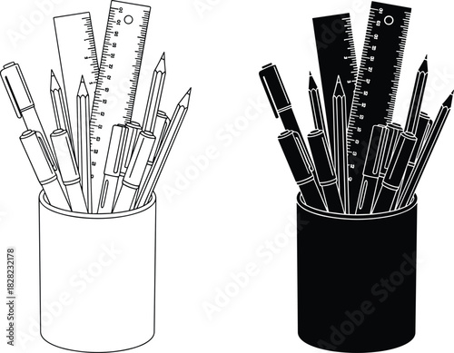 Black and white stationery illustration featuring pencil holder, pens, pencils, rulers, office supplies and desk tools in detailed line art style
