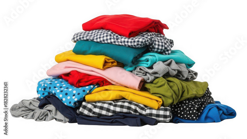 A large, colorful, and messy pile of various clothes, including tshirts, sweaters, and pants, isolated on transparent background