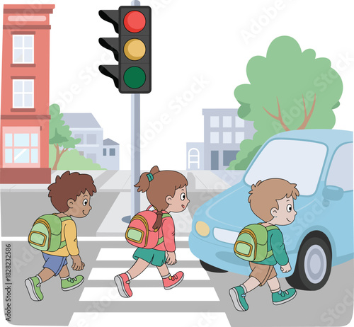 Cute cartoon school children with backpacks crossing the street safely on a zebra crossing while a car waits, road safety concept