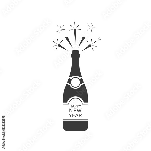 Happy New Year Champagne Bottle with Fireworks Celebration.