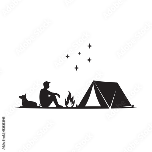 Silhouette of man dog tent and campfire under stars