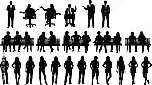 Business and casual people silhouettes set featuring office workers, seated groups on benches, standing women poses, communication, teamwork, lifestyle, and interaction