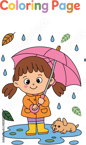 Cute cartoon girl in raincoat holding pink umbrella standing in rain puddle with puppy dog, autumn season coloring page style illustration.