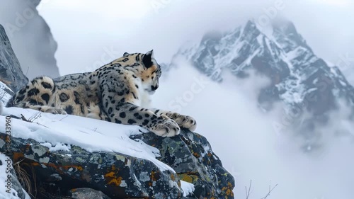 Snow leopard resting on snowy rock with mountain in background