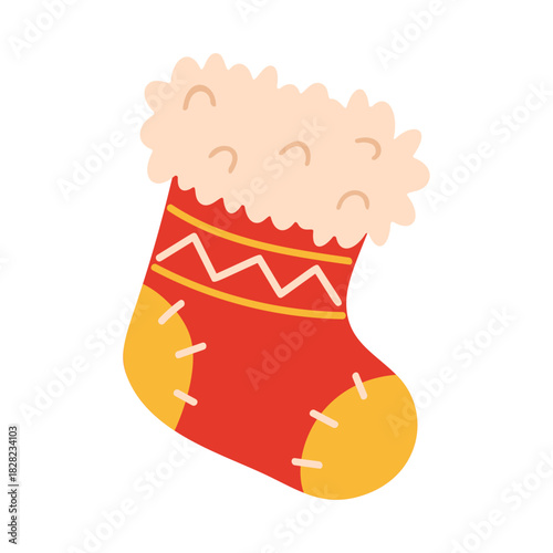 Festive red Christmas stocking with fluffy beige cuff. Flat style vector illustration. Ideal for holiday packaging, seasonal borders, greeting cards, graphics related Santa, gifts, winter celebration.